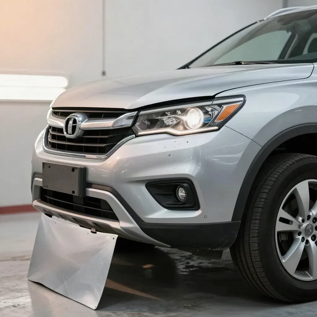 Silver SUV bumper repair in a body-shop bay with a damaged panel and glowing headlight.