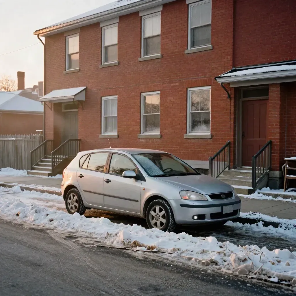 Silver hatchback beside a snowbank and brick triplex in soft Ottawa morning light.