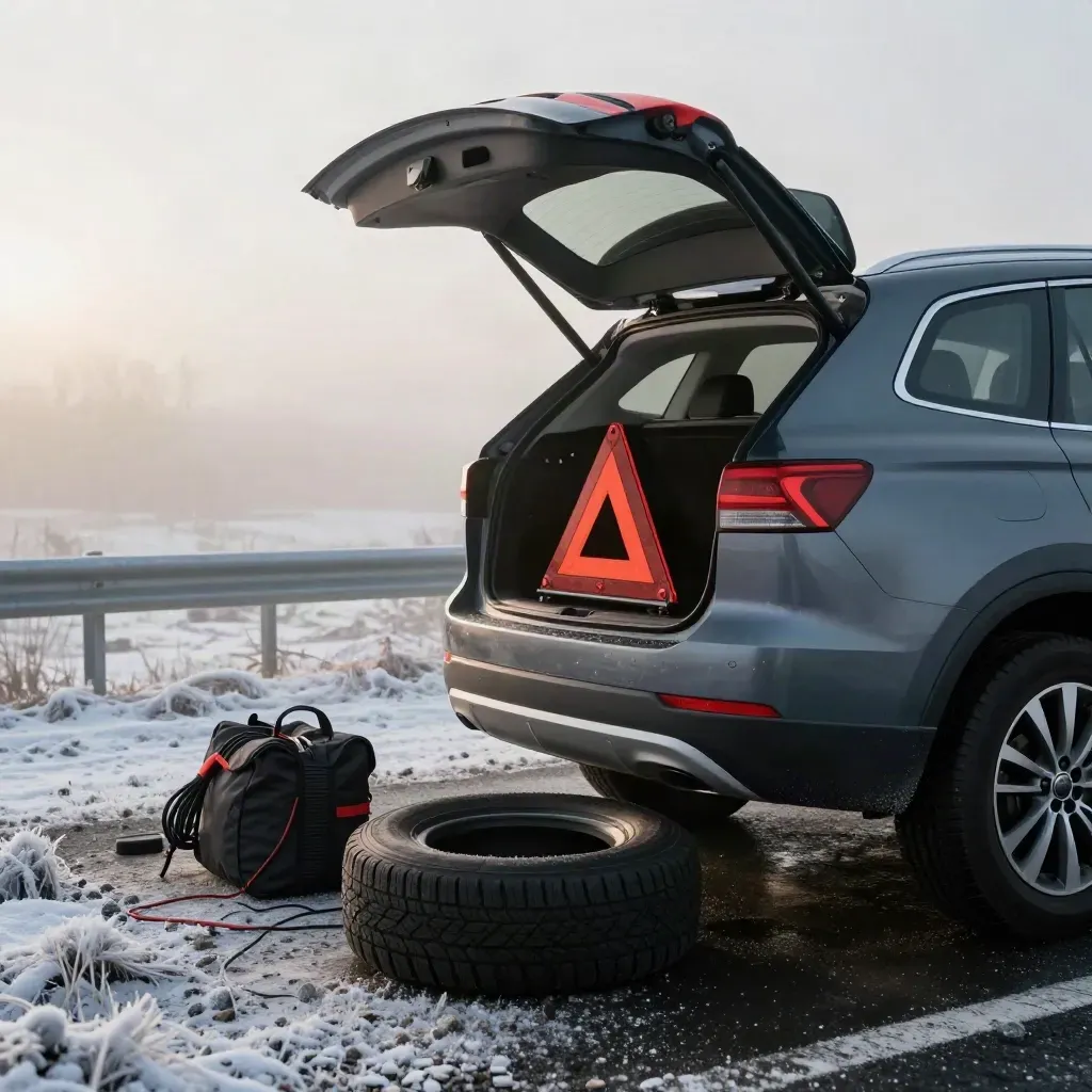 Stopped SUV roadside with tow triangle, jumper pack and spare tire in cold highway mist