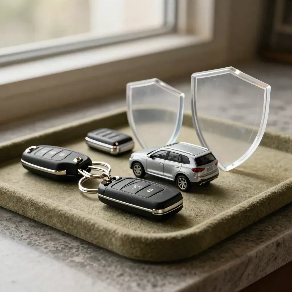Car key fobs, SUV model, and clear shield forms on a khaki felt surface with soft studio light.