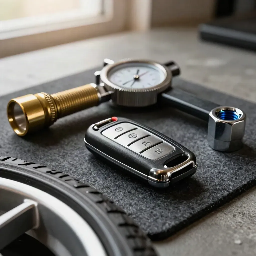 Macro still life of automotive key fob, tread gauge, brass flashlight and wheel socket on dark felt.