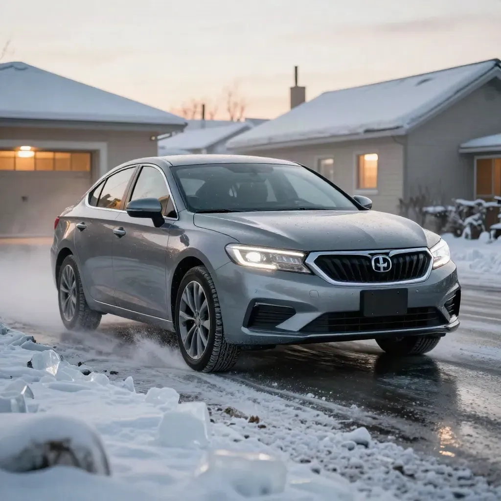 Winter sedan pulling from a garage-lit curb with snow spray and clear bumper.