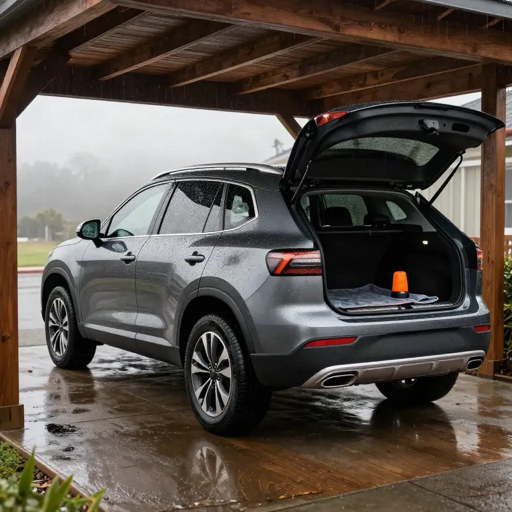 Used SUV under a cedar carport on a wet driveway, rain mist and orange roadside case visible.