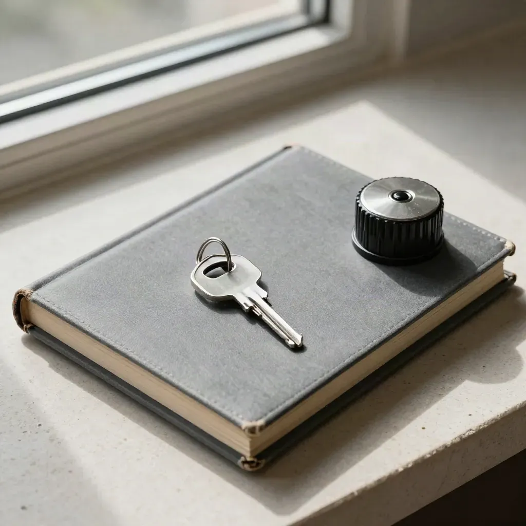 Closed service logbook, spare key ring and silver tire-pressure caps on pale stone, seen from above.