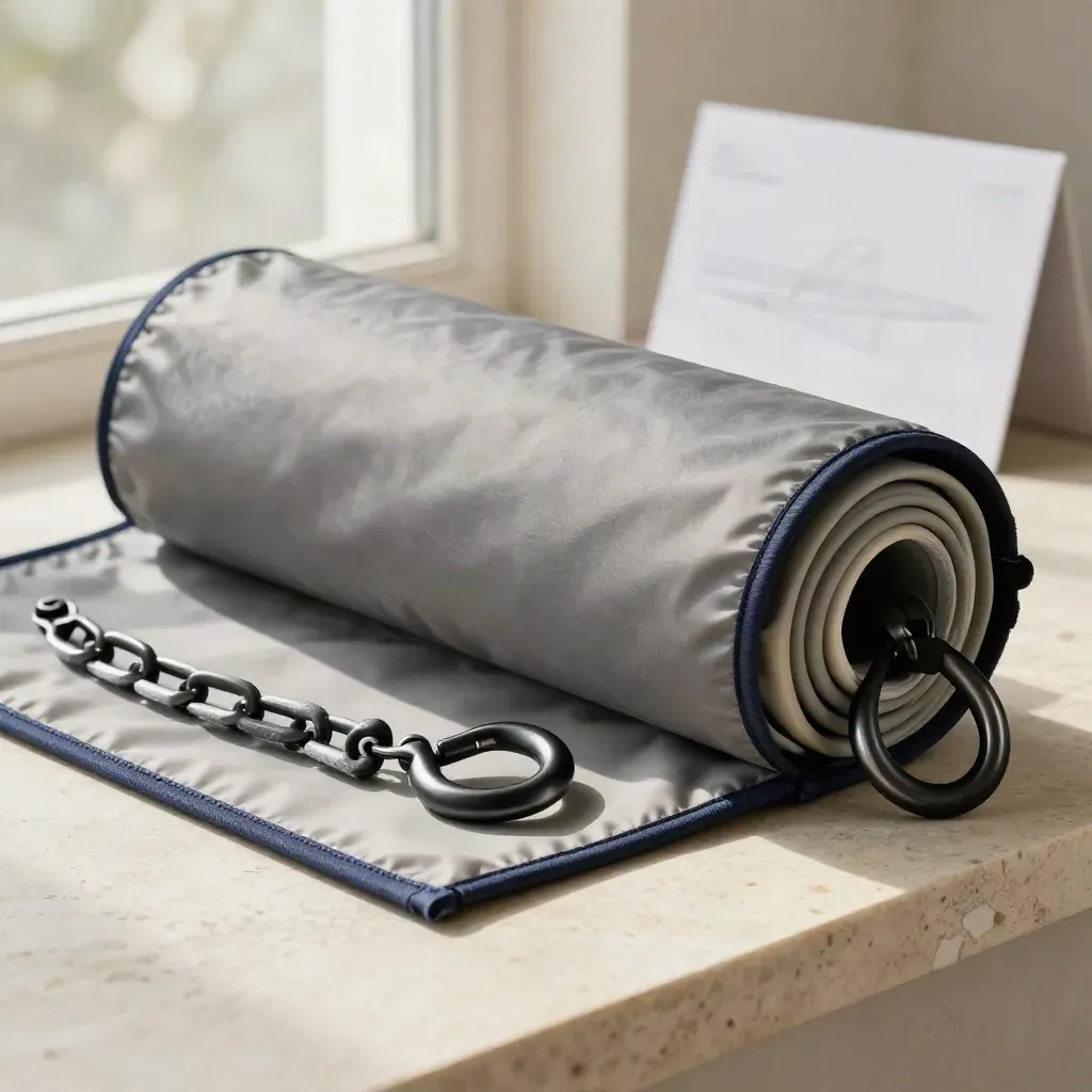 Winter windshield cover, tow hook ring, and tire-chain section on pale stone in soft side light.