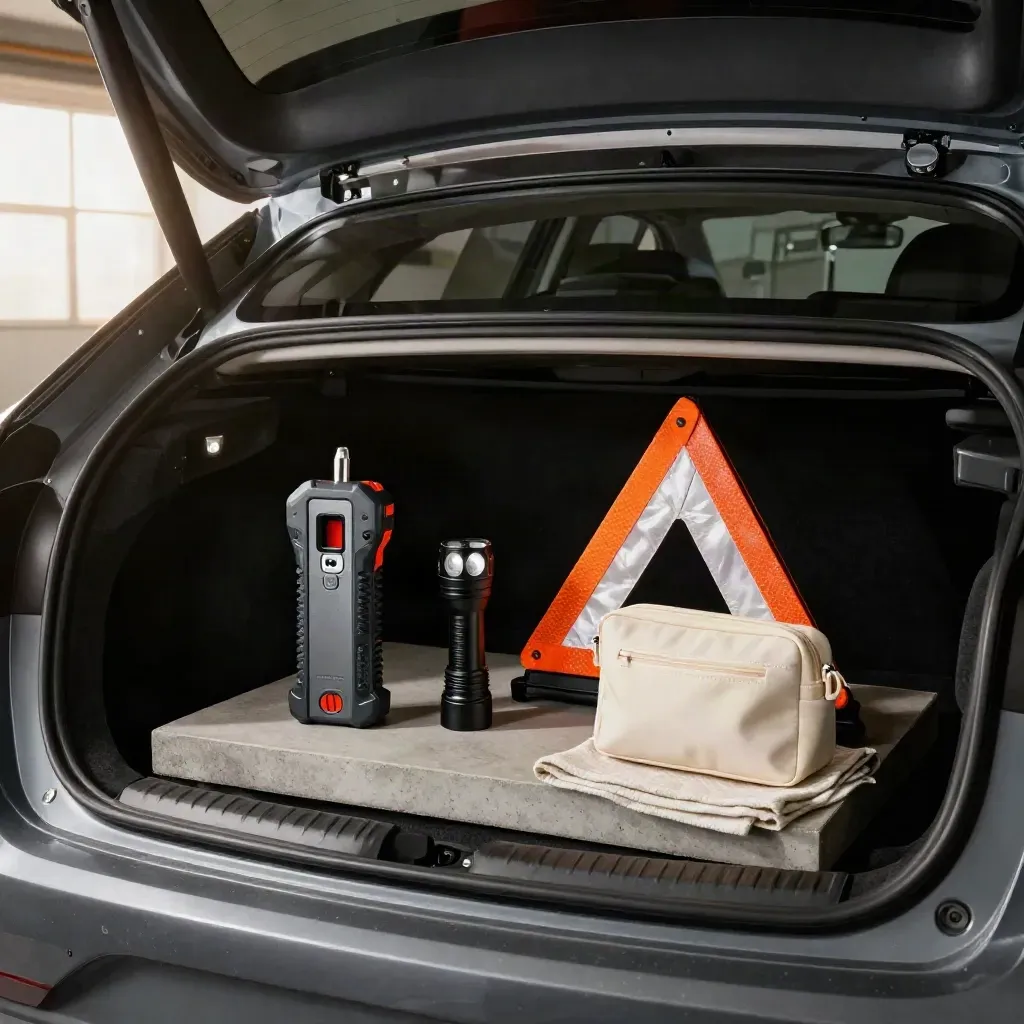 Open trunk kit with jump starter, flashlight, triangle and first-aid pouch on concrete.