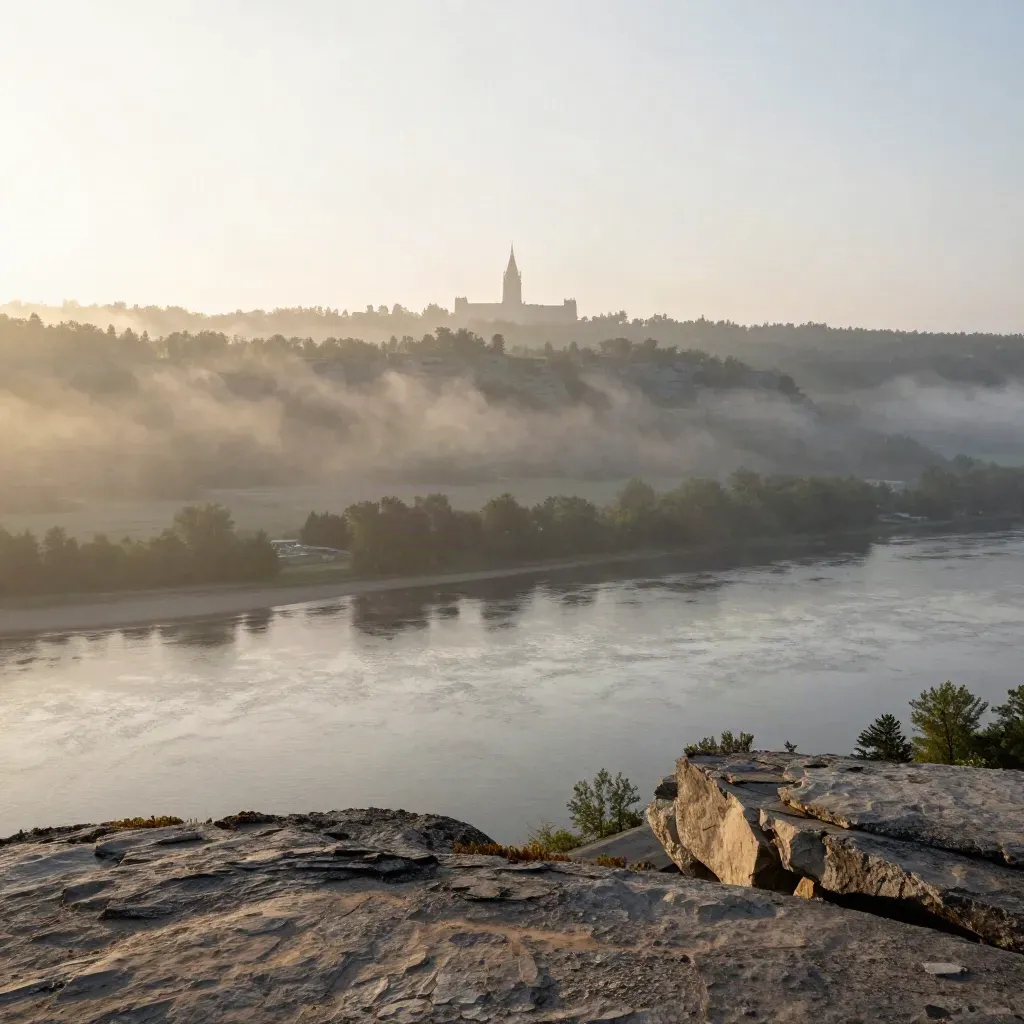 Parliament silhouette over misty Ottawa Valley at sunrise with open river below